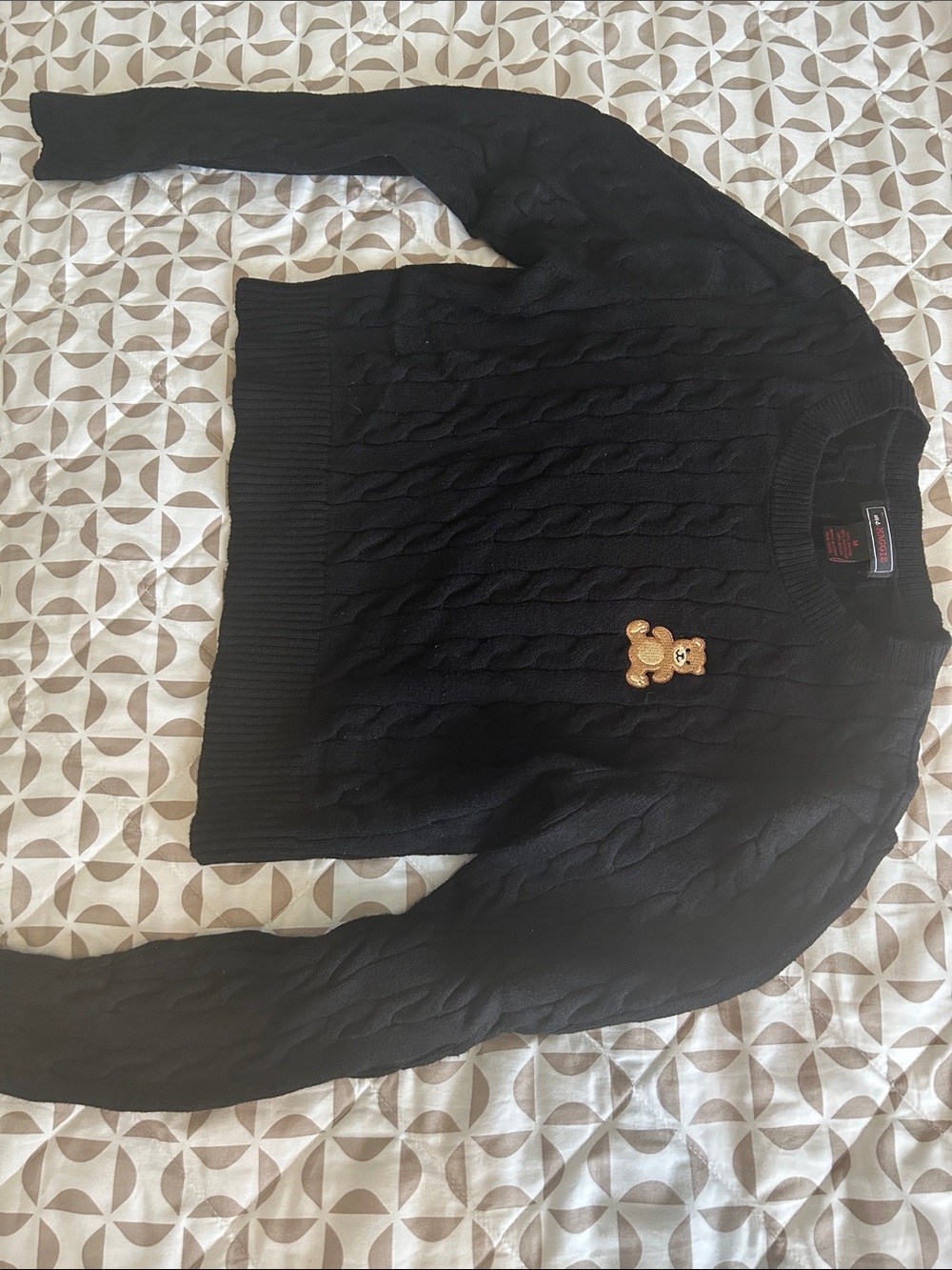 Black Cable-Knit Sweater with Teddy Patch